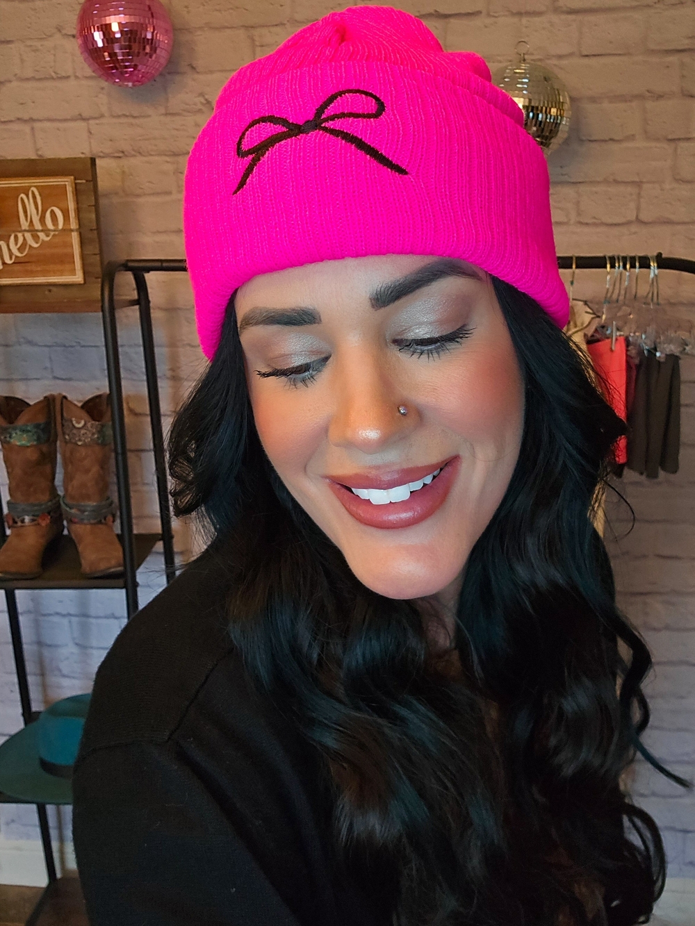 Neon Pink Knit Beanie with Coquette Bow Accent